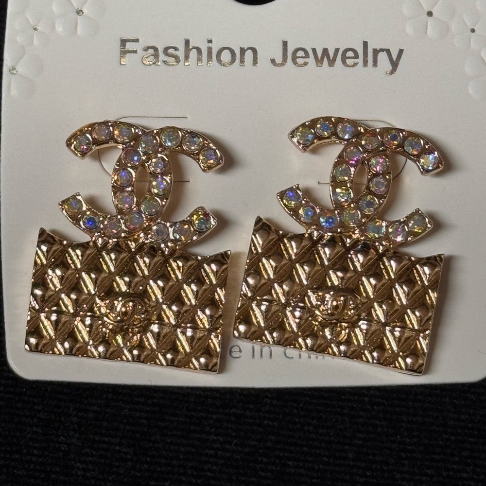 Fashion Jewelry Gold and Crystal Iridescent Earrings 1.25 inch